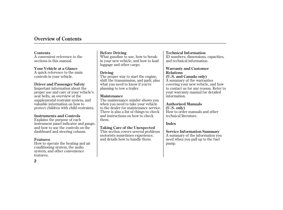 Overview of contents | HONDA 2008 Ridgeline User Manual | Page 8 / 342