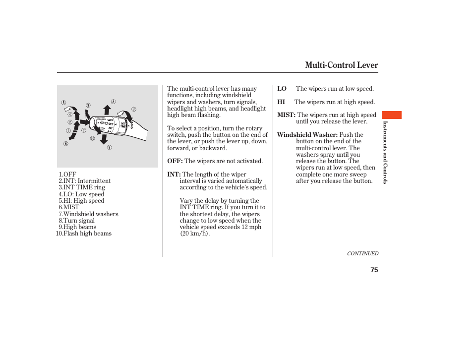 Multi-control lever | HONDA 2008 Ridgeline User Manual | Page 81 / 342