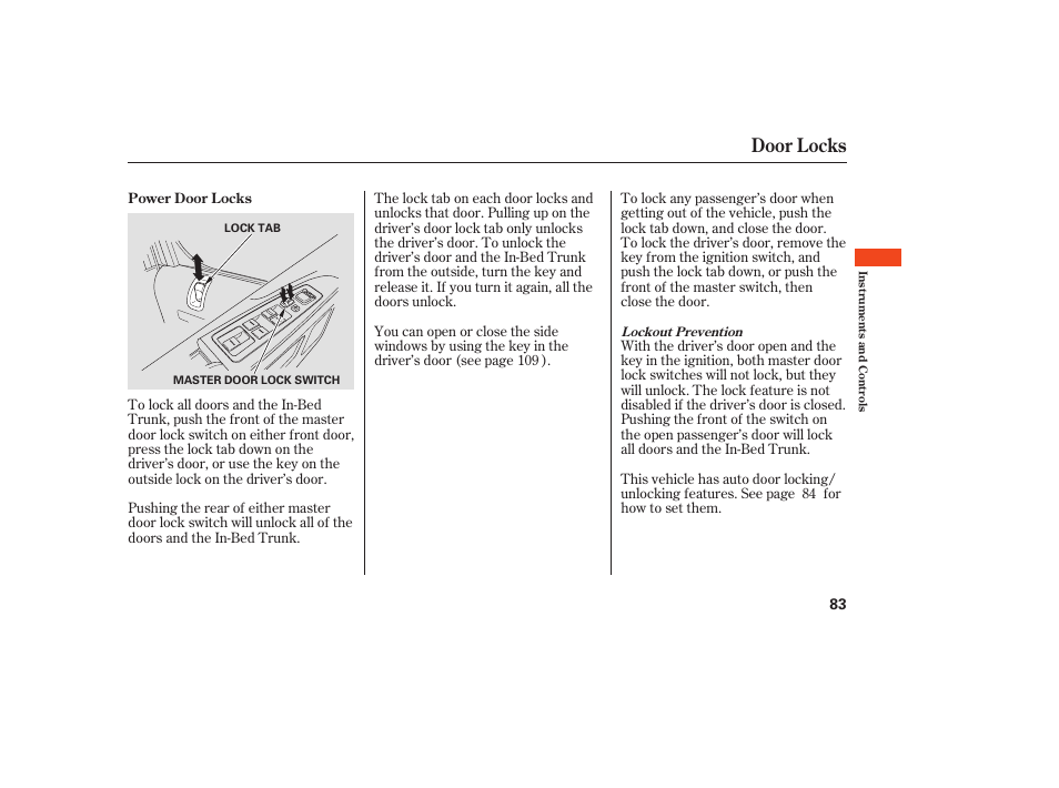Door locks | HONDA 2008 Ridgeline User Manual | Page 89 / 342