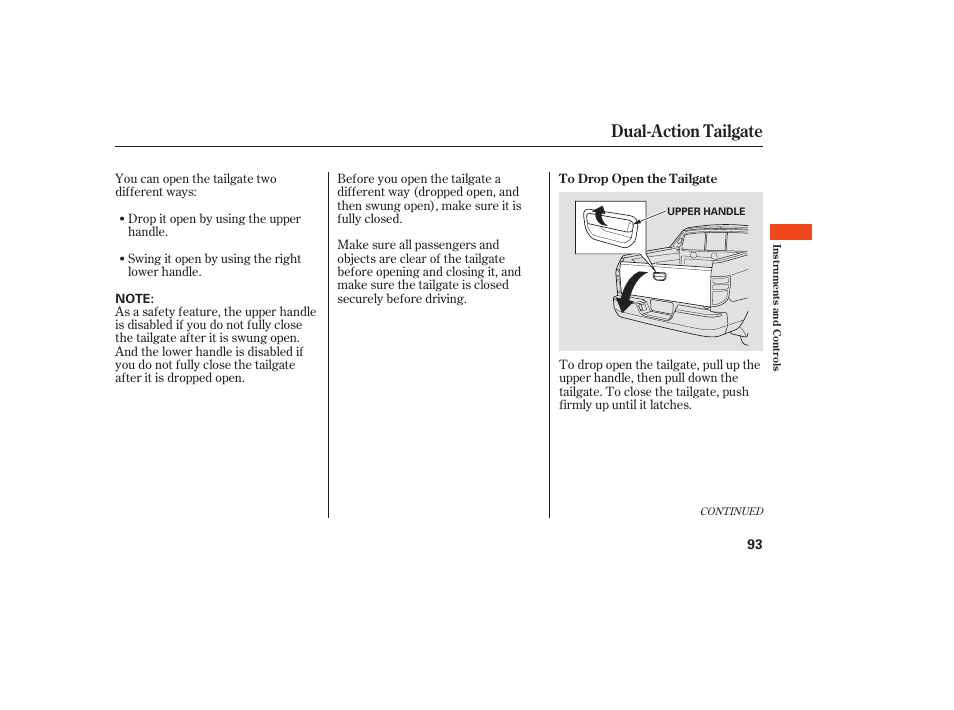 Dual-action tailgate | HONDA 2008 Ridgeline User Manual | Page 99 / 342