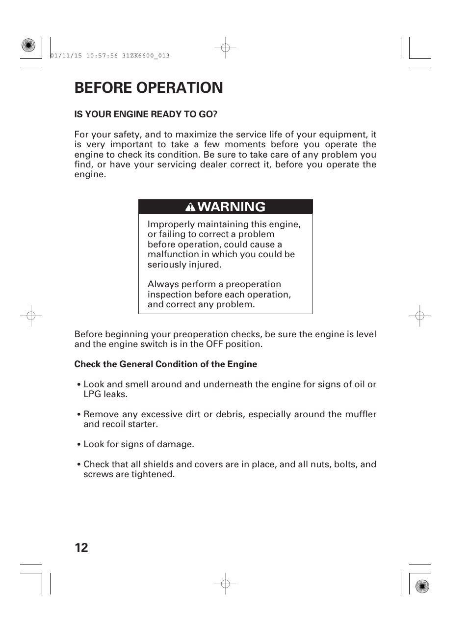 Before operation, Is your engine ready to go | HONDA GX270 User Manual | Page 14 / 52