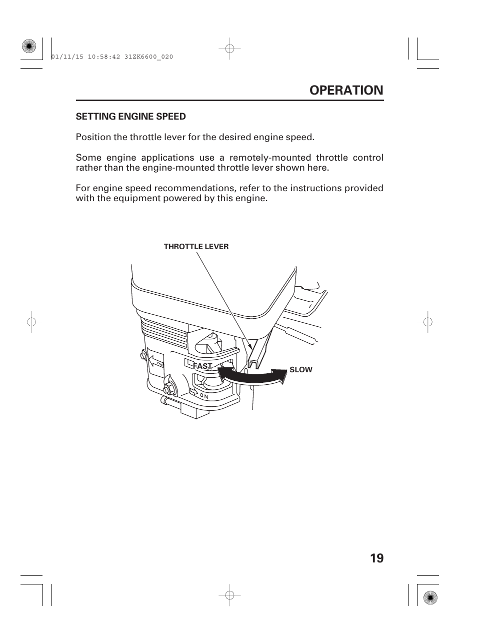 Setting engine speed, 19 operation | HONDA GX270 User Manual | Page 21 / 52