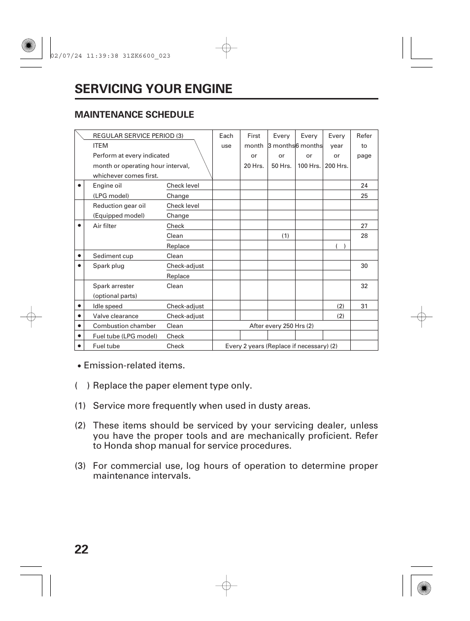 Maintenance schedule, 22 servicing your engine | HONDA GX270 User Manual | Page 24 / 52