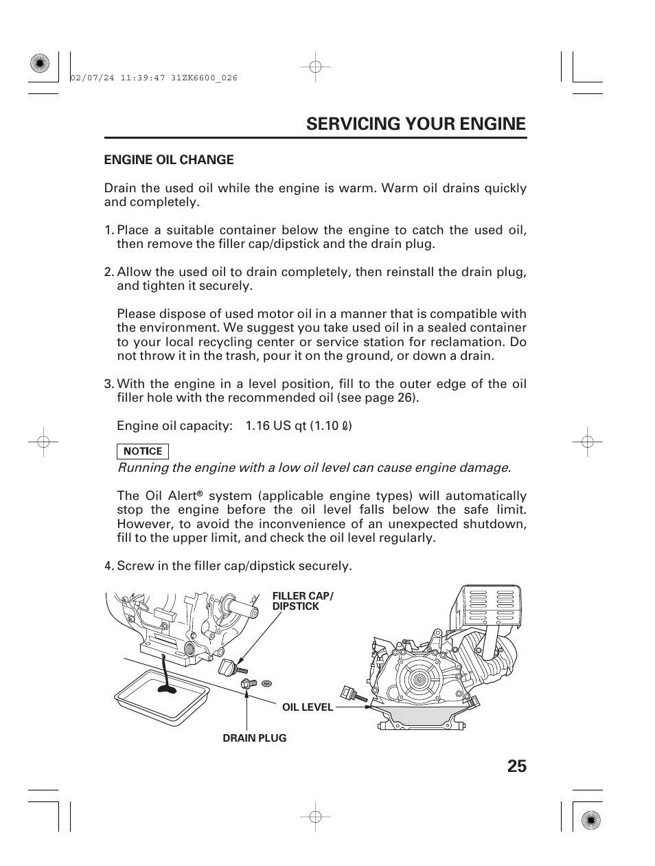 Engine oil change, 25 servicing your engine | HONDA GX270 User Manual | Page 27 / 52