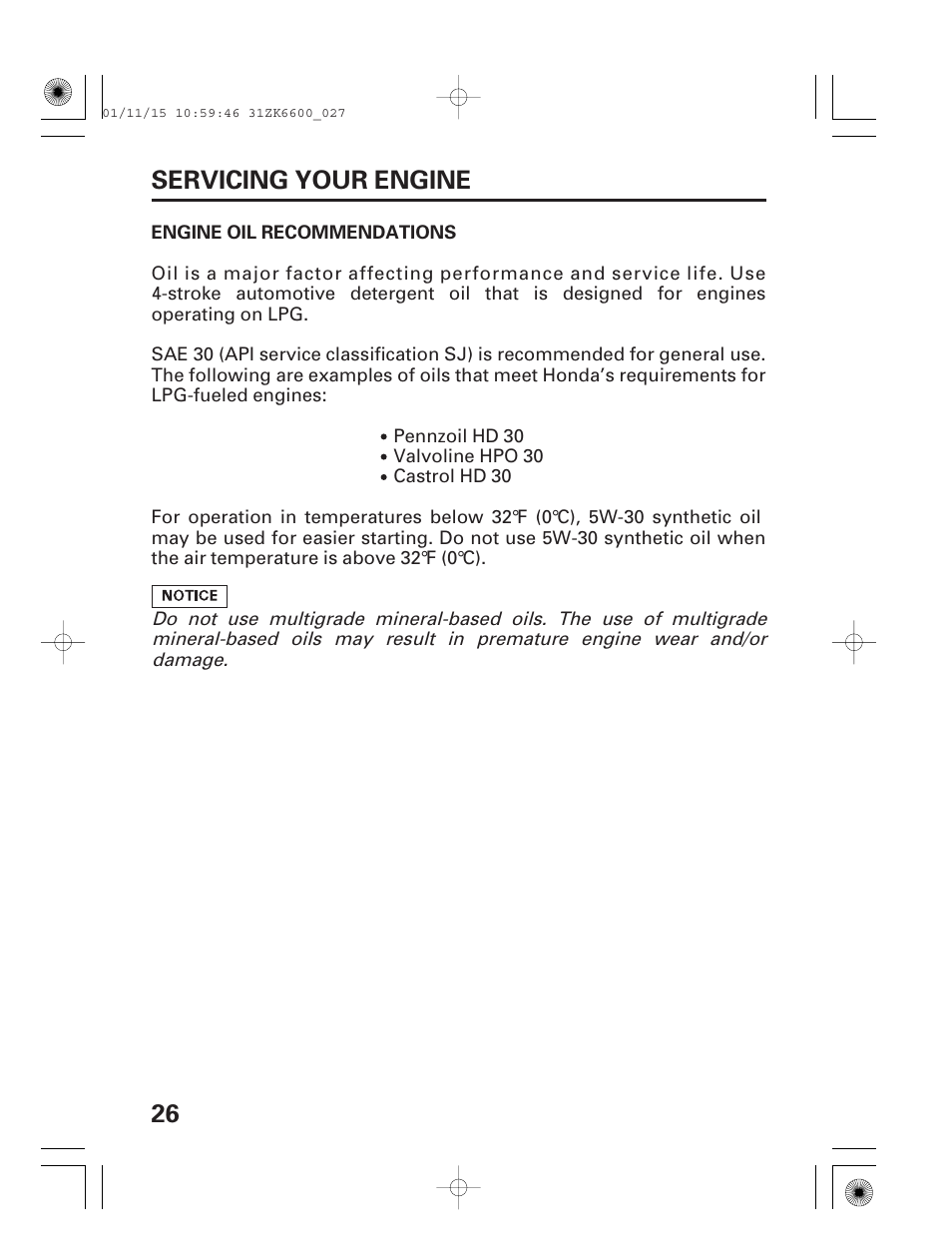 Engine oil recommendations, 26 servicing your engine | HONDA GX270 User Manual | Page 28 / 52