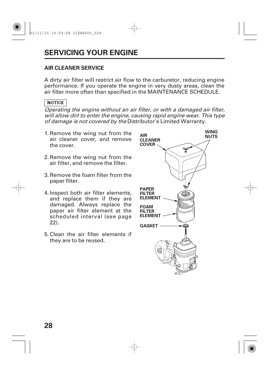 Air cleaner service, 28 servicing your engine | HONDA GX270 User Manual | Page 30 / 52