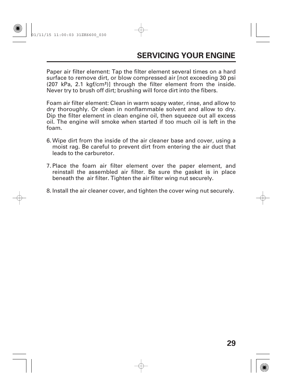 29 servicing your engine | HONDA GX270 User Manual | Page 31 / 52