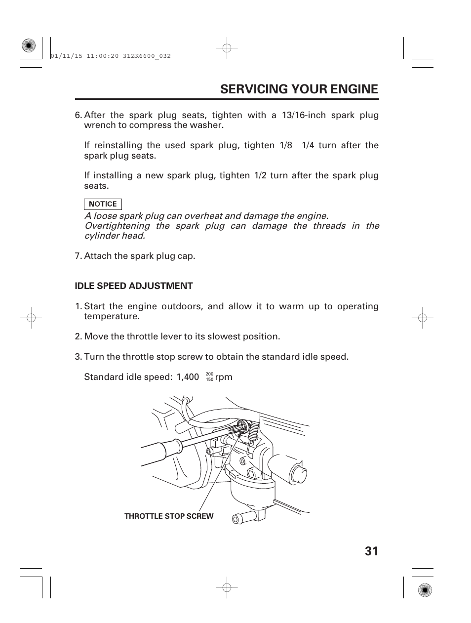 Idle speed adjustment, 31 servicing your engine | HONDA GX270 User Manual | Page 33 / 52