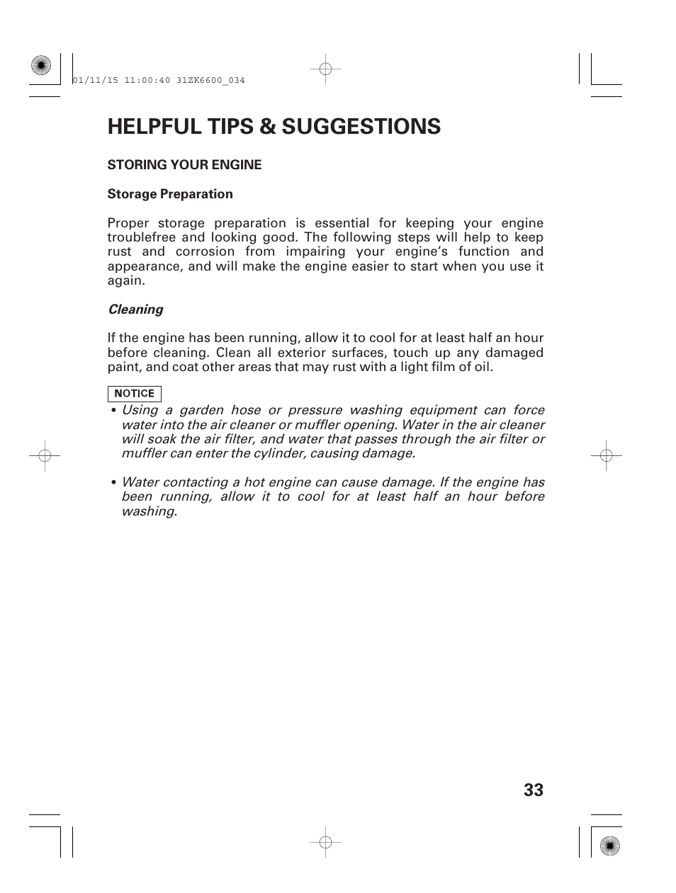 Helpful tips & suggestions, Storing your engine, Storage preparation | HONDA GX270 User Manual | Page 35 / 52