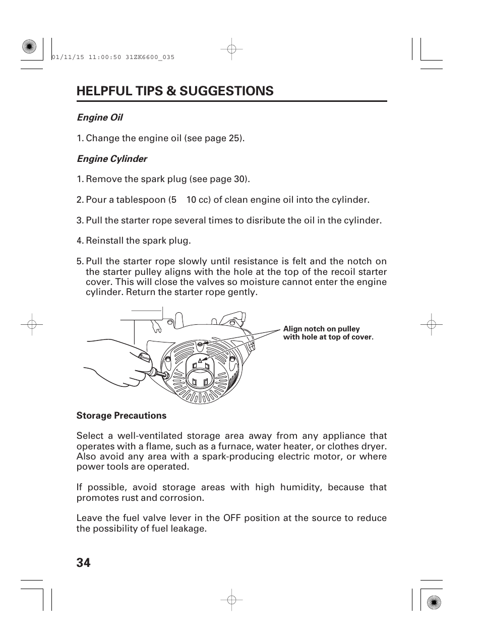Storage precautions, 34 helpful tips & suggestions | HONDA GX270 User Manual | Page 36 / 52
