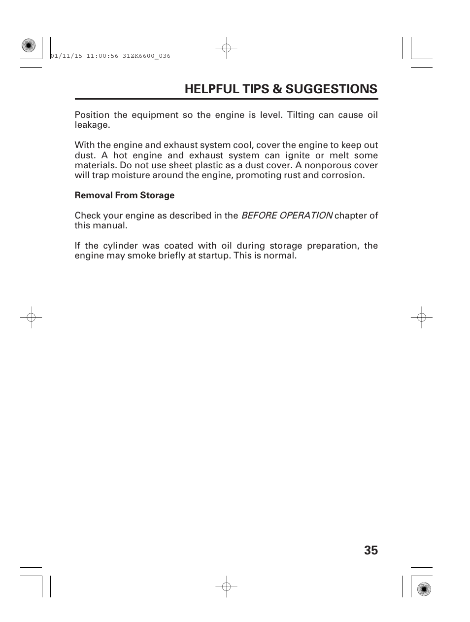 Removal from storage, 35 helpful tips & suggestions | HONDA GX270 User Manual | Page 37 / 52