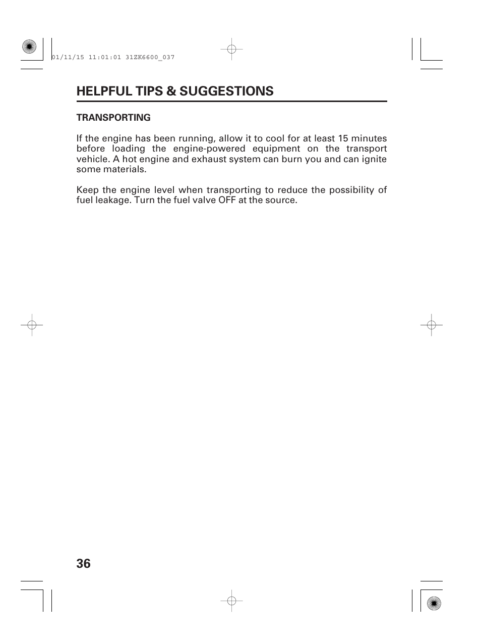 Transporting, 36 helpful tips & suggestions | HONDA GX270 User Manual | Page 38 / 52