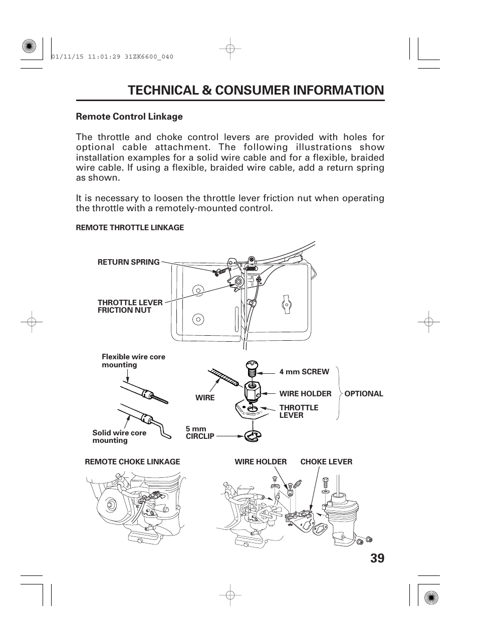Remote control linkage, 39 technical & consumer information | HONDA GX270 User Manual | Page 41 / 52