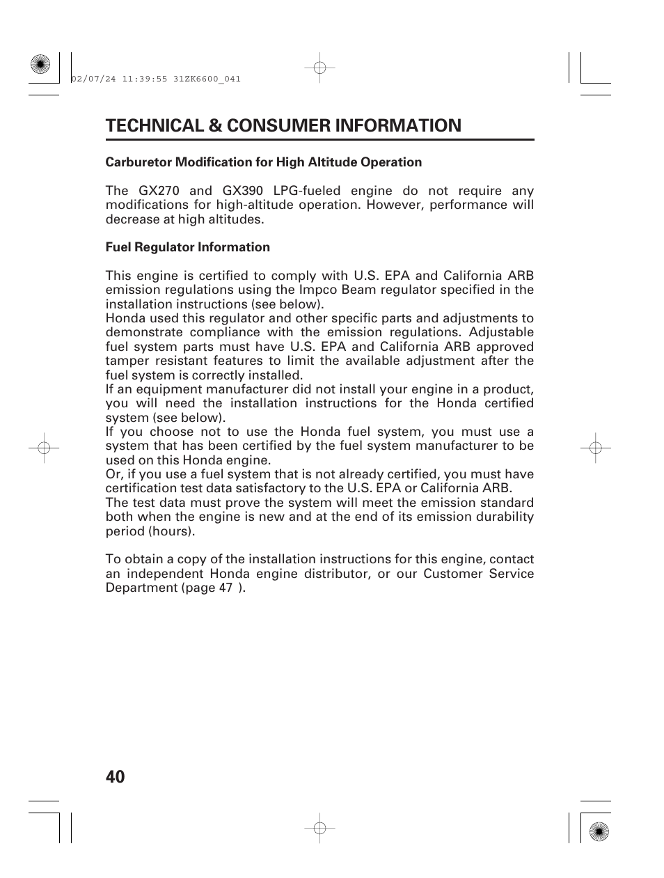 Fuel regulator information, 40 technical & consumer information | HONDA GX270 User Manual | Page 42 / 52