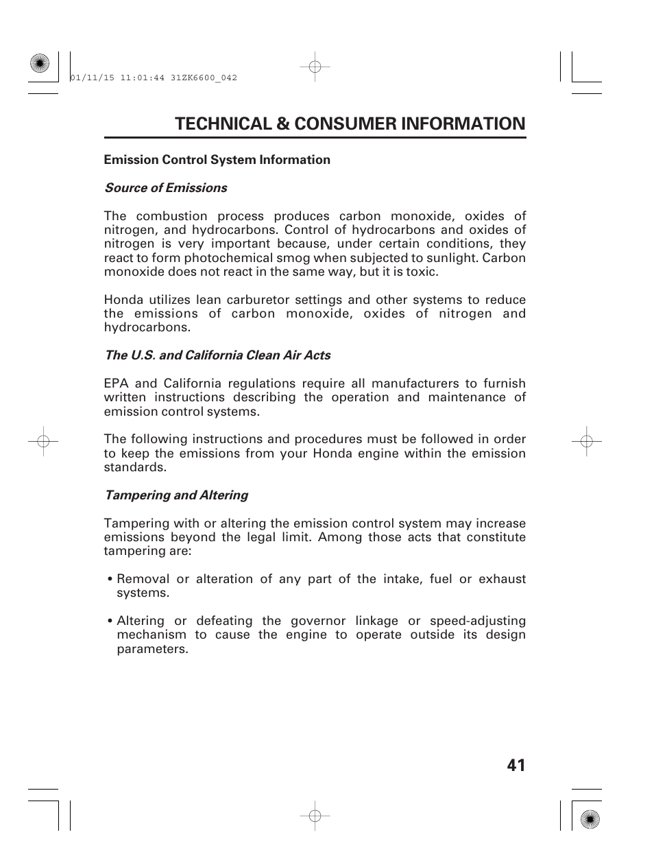 Emission control system information, 41 technical & consumer information | HONDA GX270 User Manual | Page 43 / 52