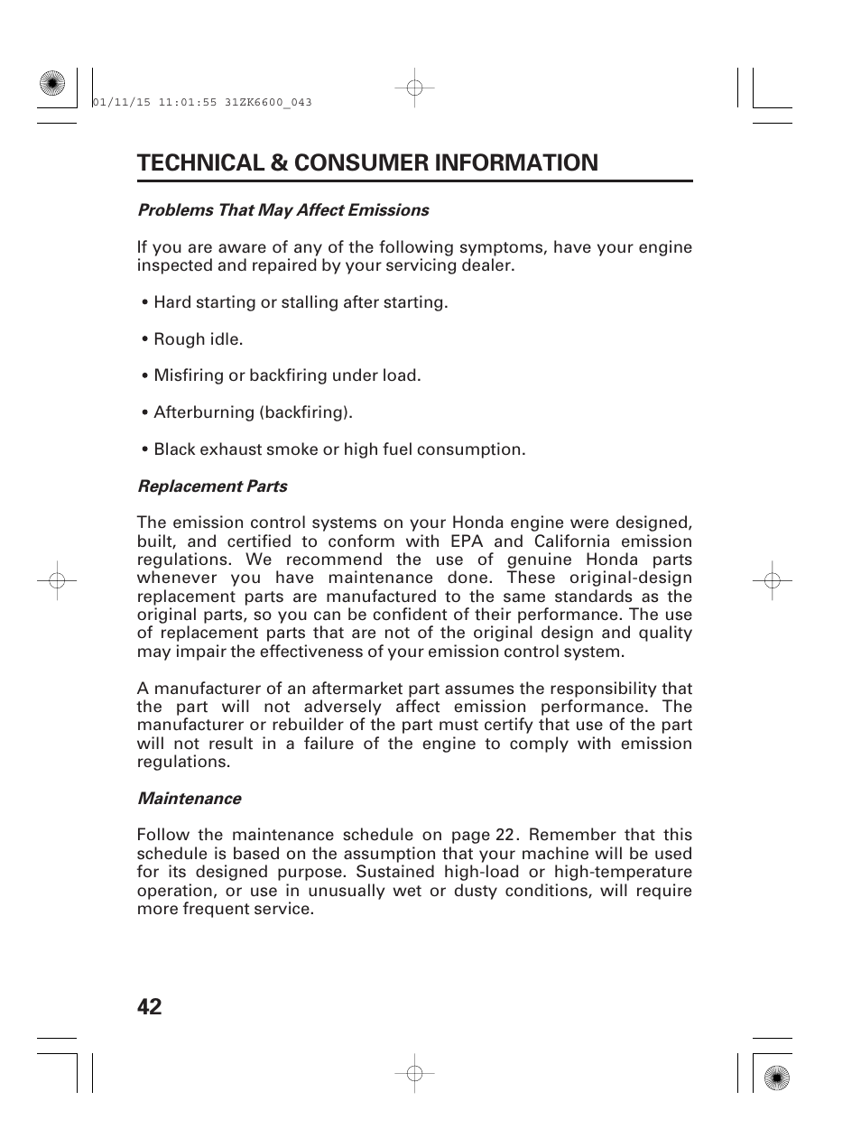 42 technical & consumer information | HONDA GX270 User Manual | Page 44 / 52