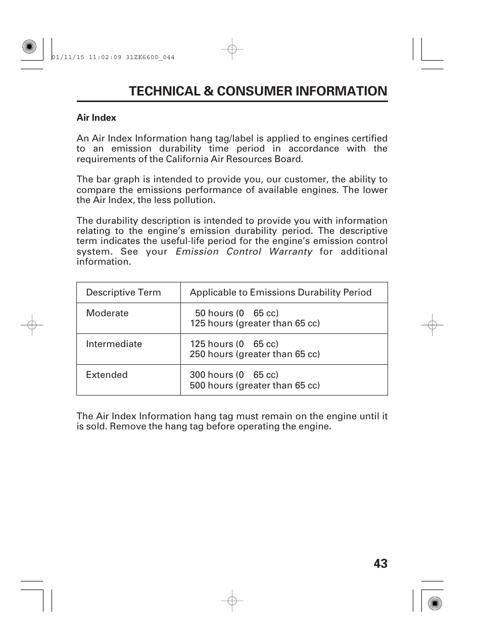 Air index, 43 technical & consumer information | HONDA GX270 User Manual | Page 45 / 52