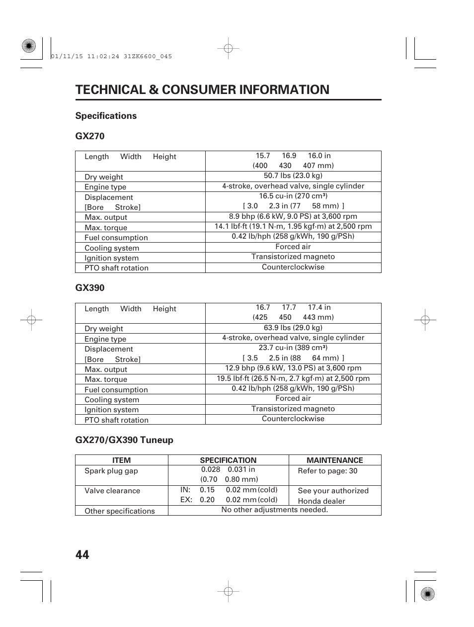 Specifications, 44 technical & consumer information | HONDA GX270 User Manual | Page 46 / 52