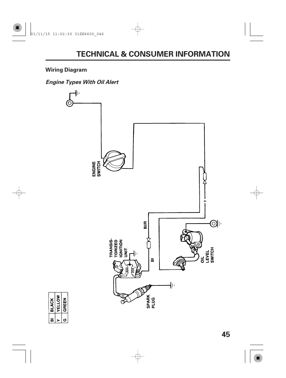 Wiring diagram, 45 technical & consumer information | HONDA GX270 User Manual | Page 47 / 52