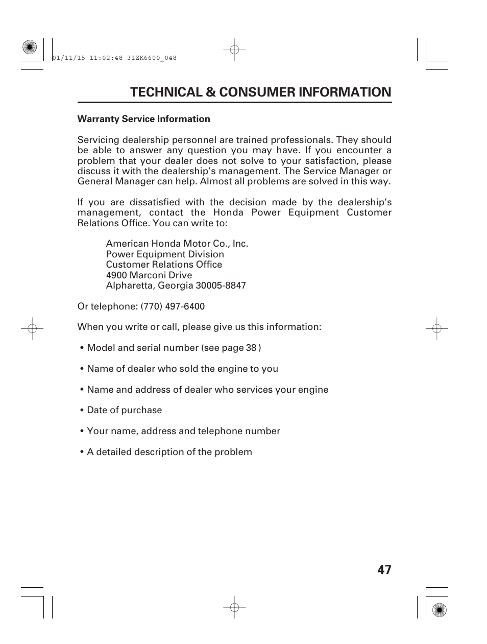 Warranty service information, 47 technical & consumer information | HONDA GX270 User Manual | Page 49 / 52