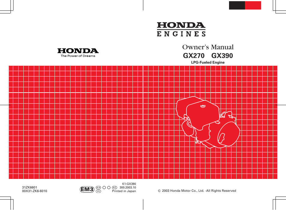 Owner’s manual | HONDA GX270 User Manual | Page 52 / 52