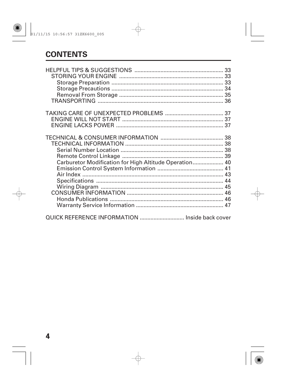 4contents | HONDA GX270 User Manual | Page 6 / 52