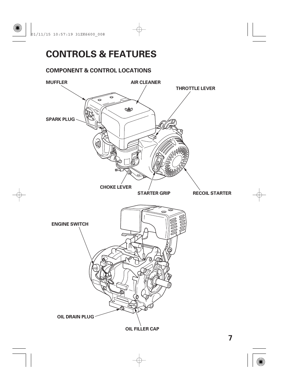 Controls & features, Component & control locations | HONDA GX270 User Manual | Page 9 / 52