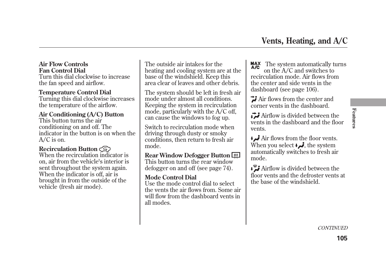 Vents, heating, and a/c | HONDA 2009 Element User Manual | Page 111 / 346