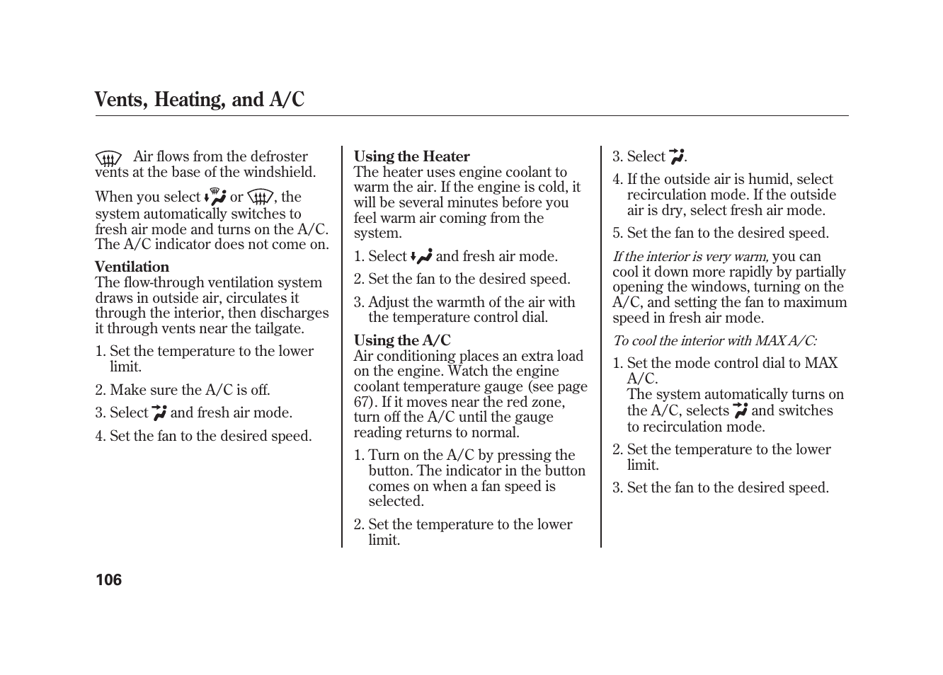 Vents, heating, and a/c | HONDA 2009 Element User Manual | Page 112 / 346