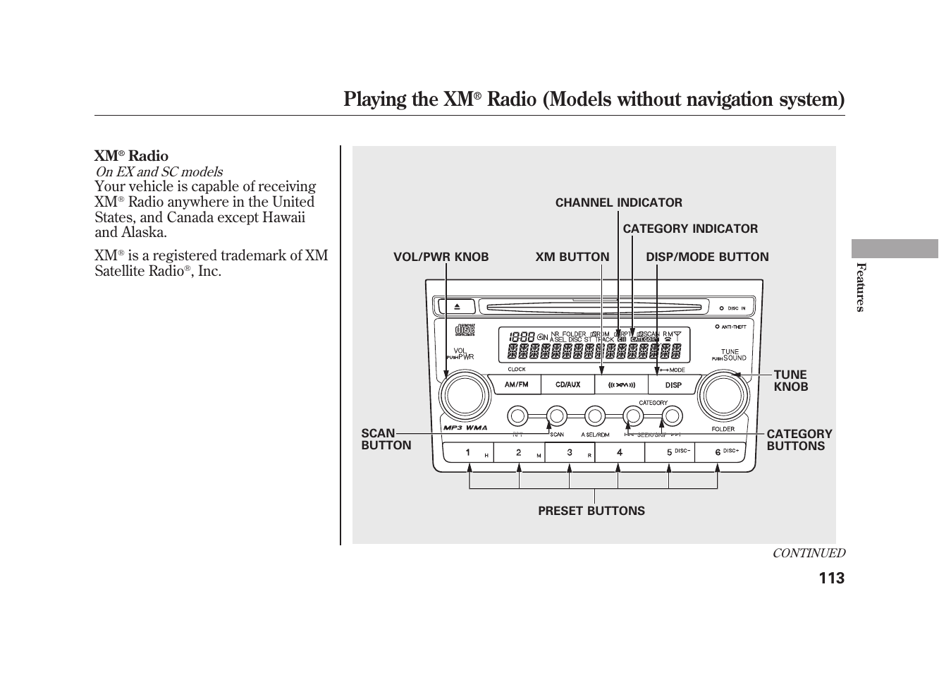 Playing the xm, Radio (models without navigation system) | HONDA 2009 Element User Manual | Page 119 / 346