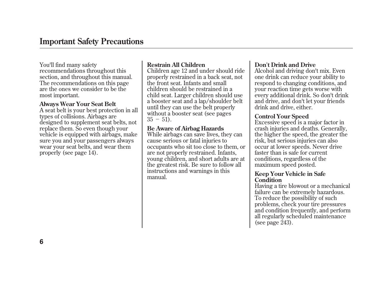 Important safety precautions | HONDA 2009 Element User Manual | Page 12 / 346