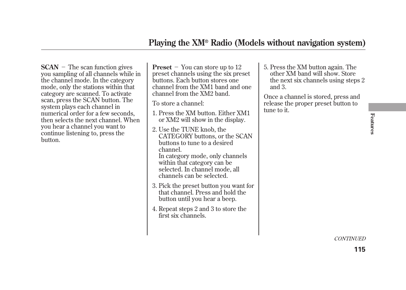 Playing the xm, Radio (models without navigation system) | HONDA 2009 Element User Manual | Page 121 / 346