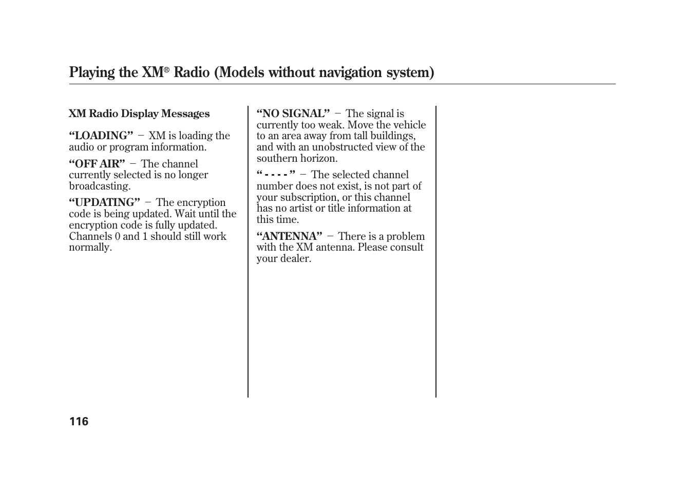 Playing the xm, Radio (models without navigation system) | HONDA 2009 Element User Manual | Page 122 / 346