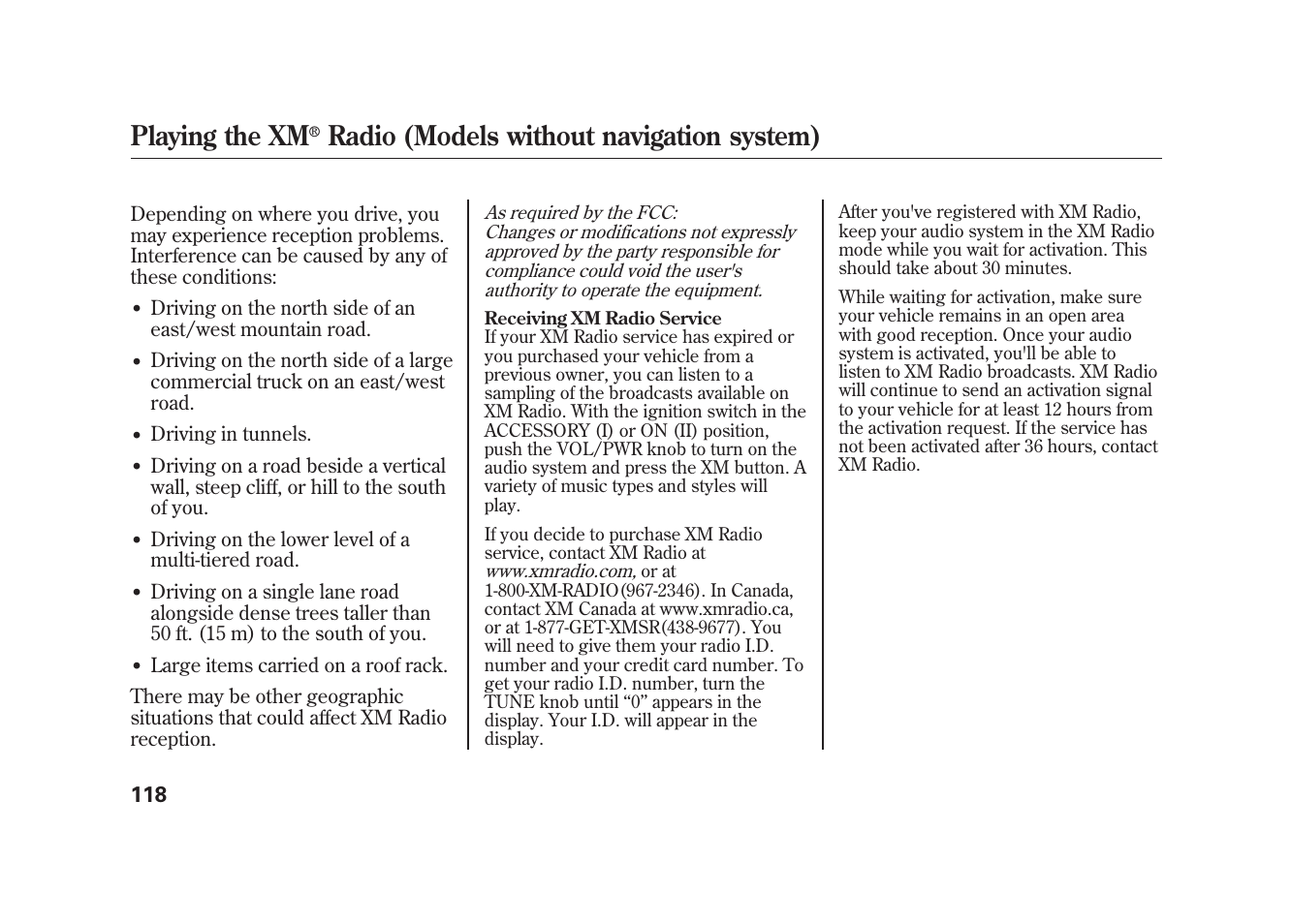 Playing the xm, Radio (models without navigation system) | HONDA 2009 Element User Manual | Page 124 / 346