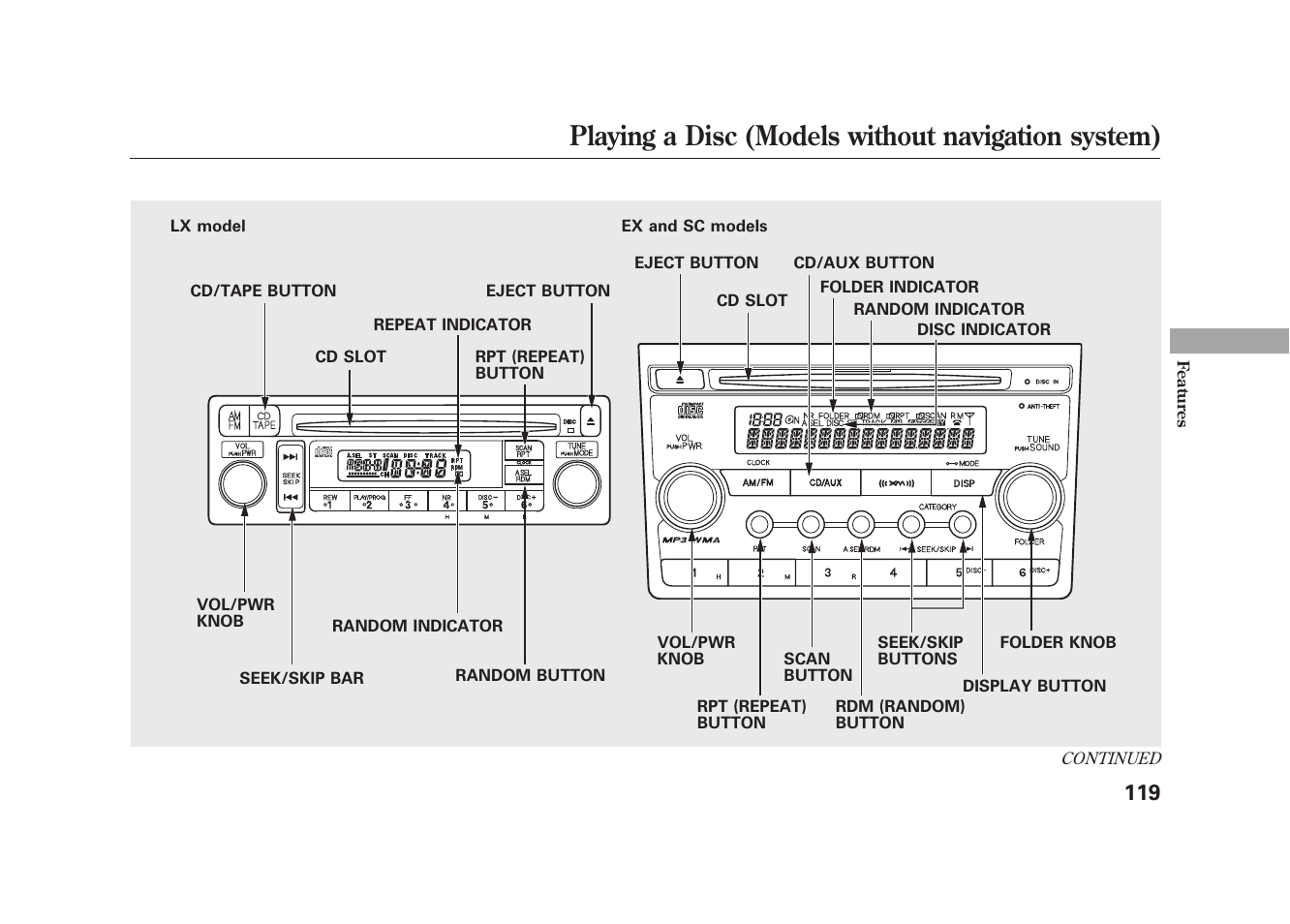 Playing a disc (models without navigation system) | HONDA 2009 Element User Manual | Page 125 / 346