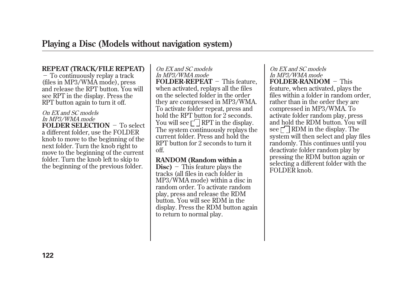 Playing a disc (models without navigation system) | HONDA 2009 Element User Manual | Page 128 / 346