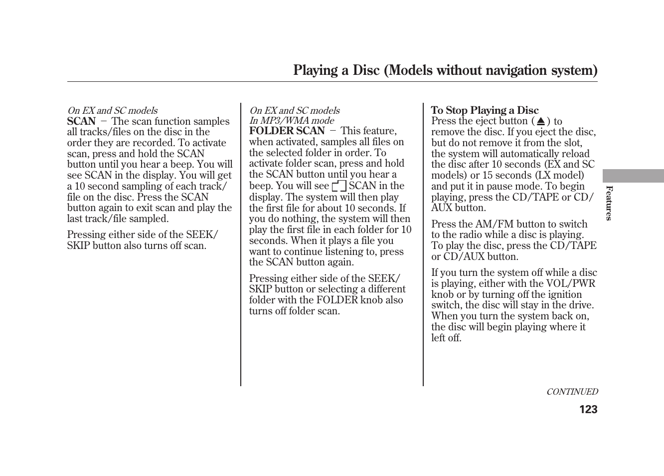 Playing a disc (models without navigation system) | HONDA 2009 Element User Manual | Page 129 / 346