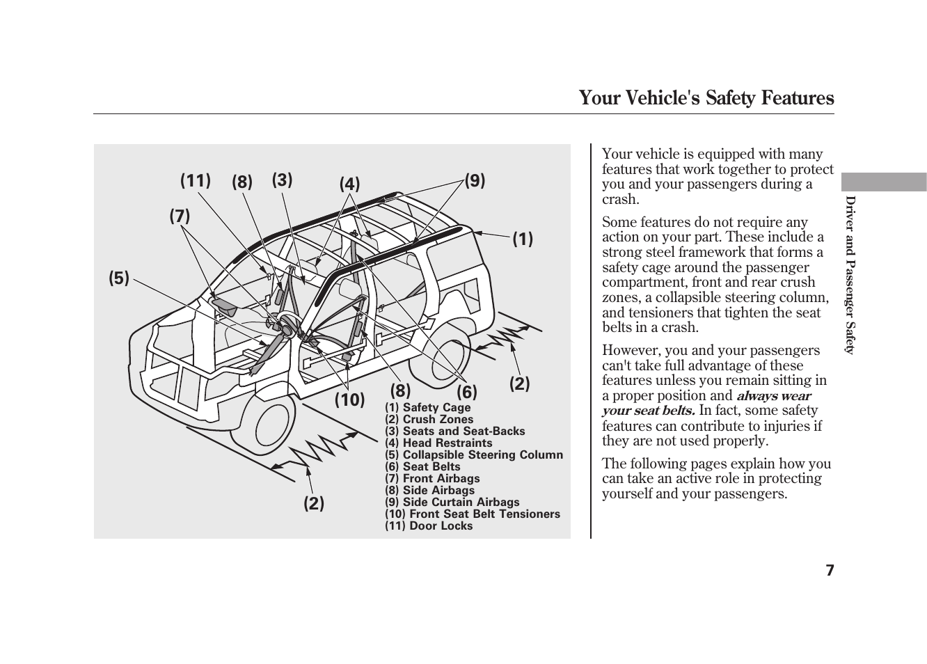 Your vehicle's safety features | HONDA 2009 Element User Manual | Page 13 / 346