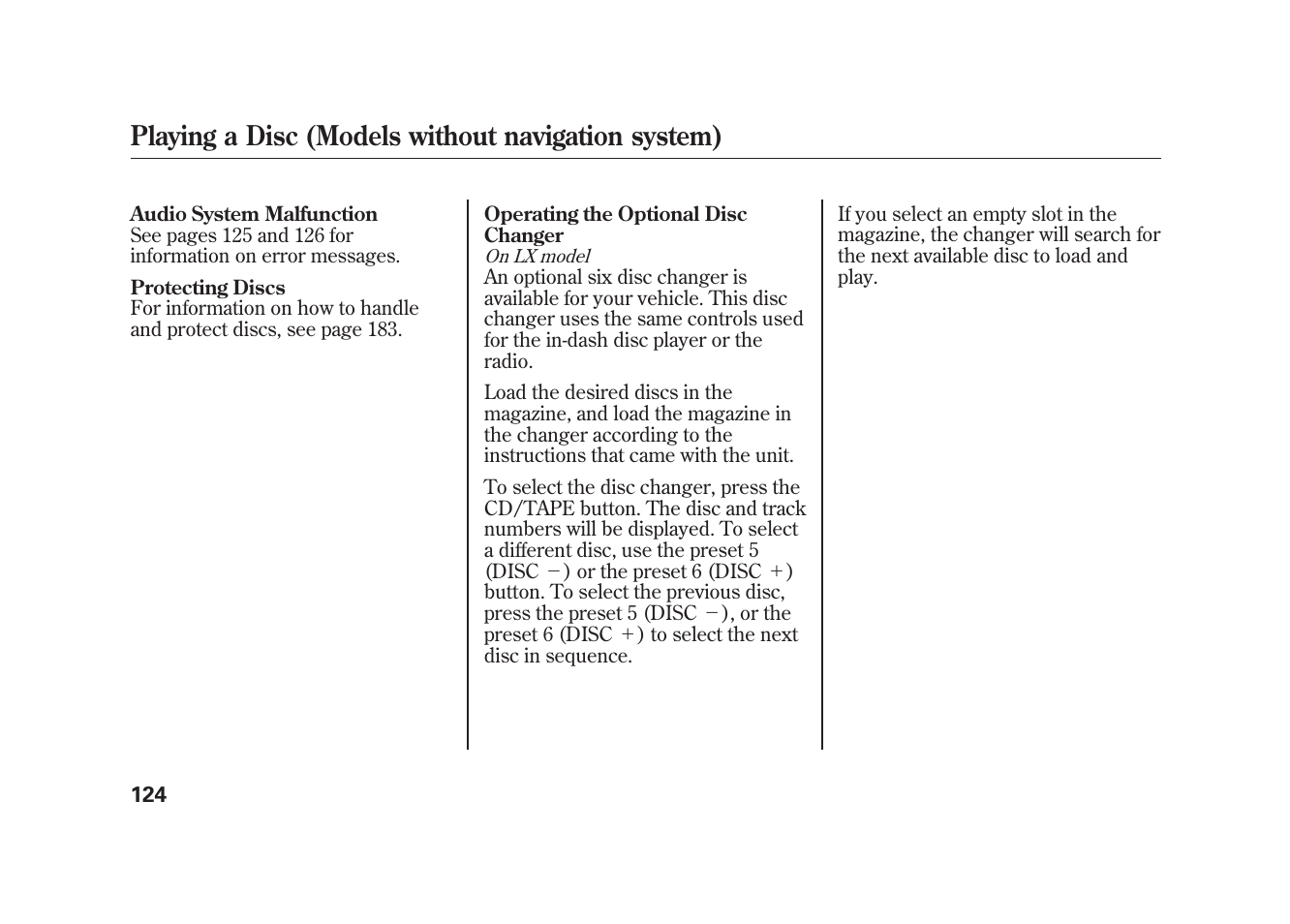 Playing a disc (models without navigation system) | HONDA 2009 Element User Manual | Page 130 / 346