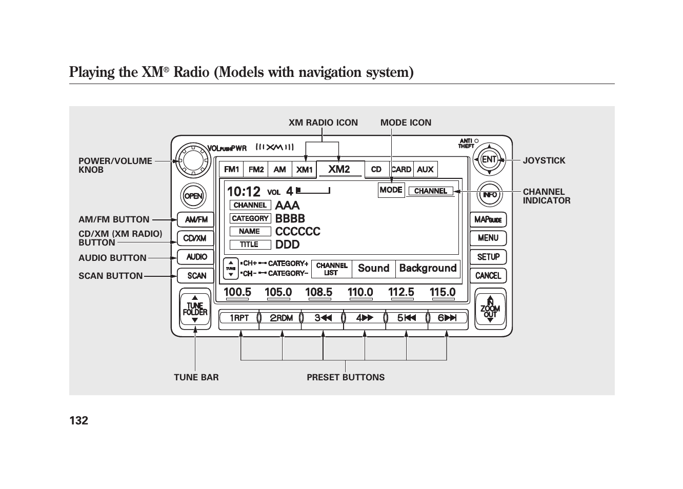 Playing the xm, Radio (models with navigation system) | HONDA 2009 Element User Manual | Page 138 / 346