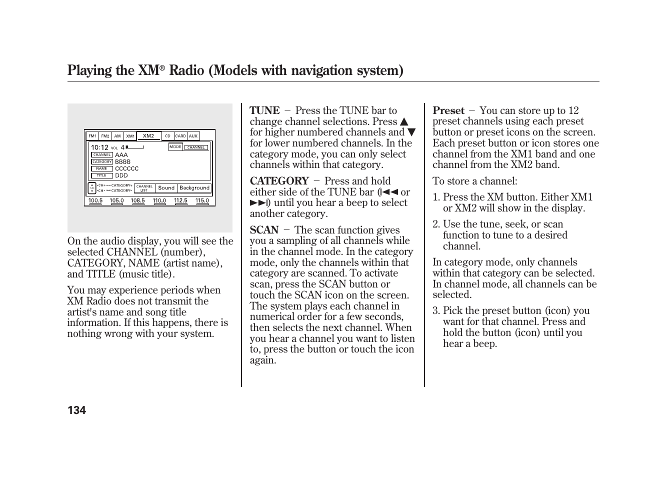 Playing the xm, Radio (models with navigation system) | HONDA 2009 Element User Manual | Page 140 / 346