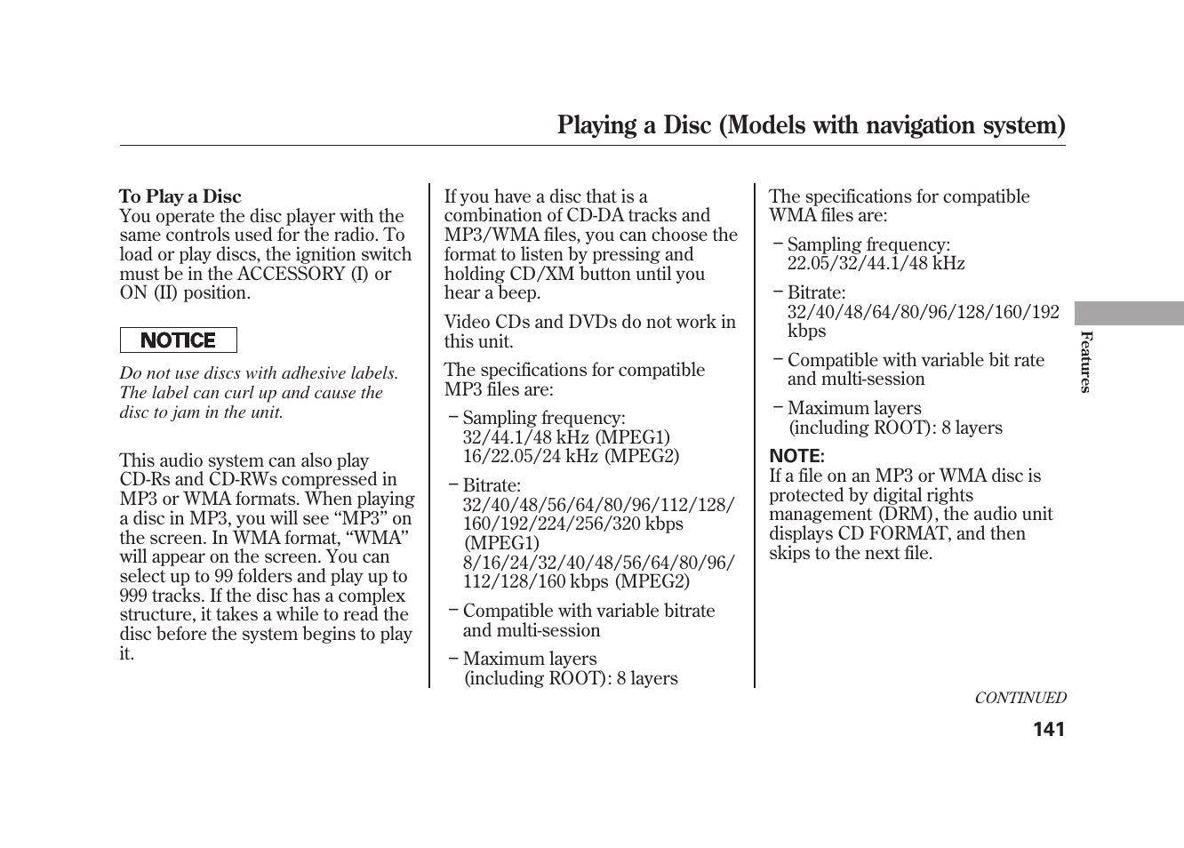 Playing a disc (models with navigation system) | HONDA 2009 Element User Manual | Page 147 / 346