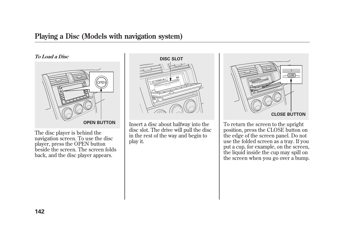 Playing a disc (models with navigation system) | HONDA 2009 Element User Manual | Page 148 / 346