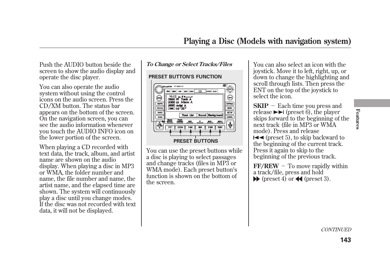 Playing a disc (models with navigation system) | HONDA 2009 Element User Manual | Page 149 / 346
