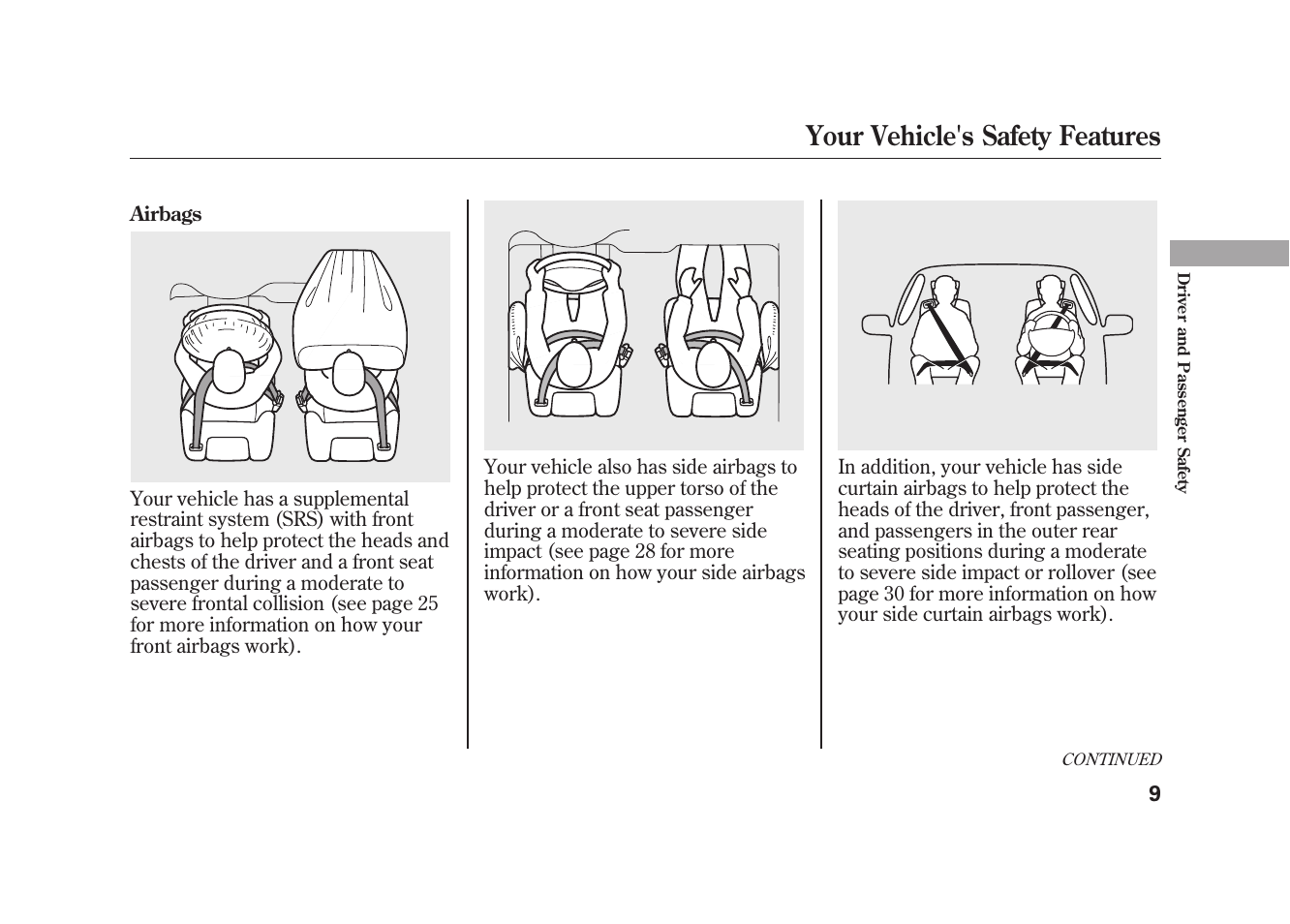 Your vehicle's safety features | HONDA 2009 Element User Manual | Page 15 / 346