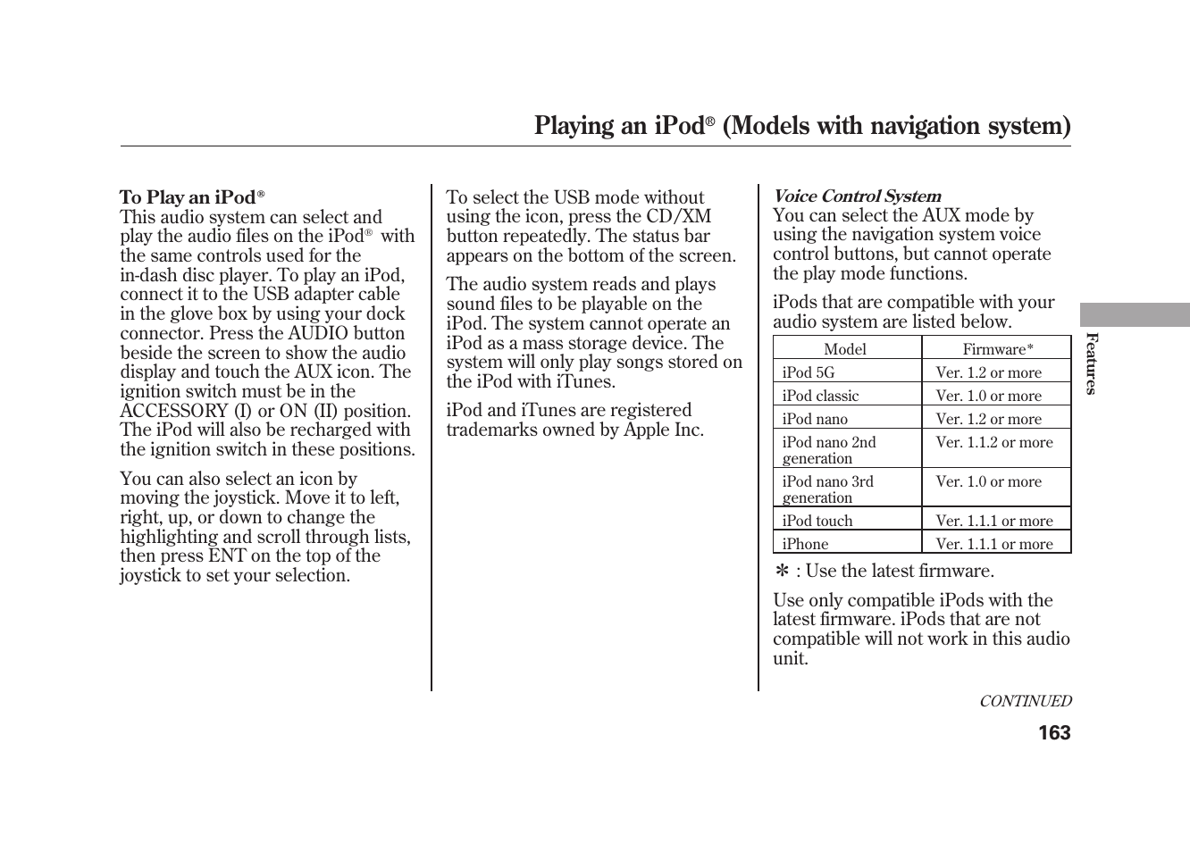 Playing an ipod, Models with navigation system) | HONDA 2009 Element User Manual | Page 169 / 346