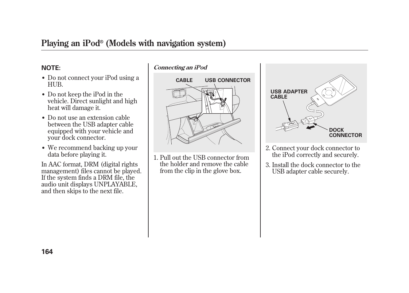 Playing an ipod, Models with navigation system) | HONDA 2009 Element User Manual | Page 170 / 346