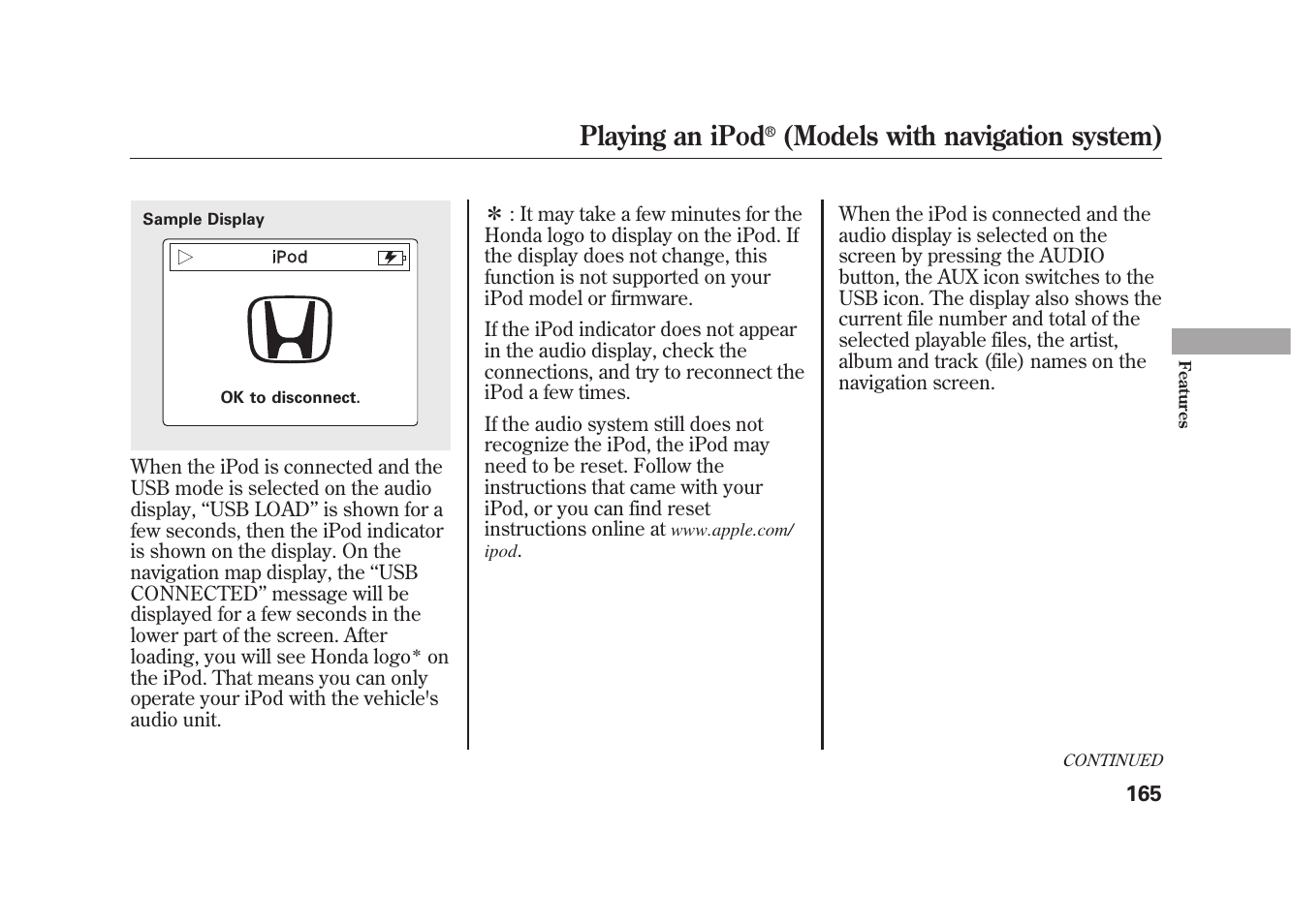 Playing an ipod, Models with navigation system) | HONDA 2009 Element User Manual | Page 171 / 346