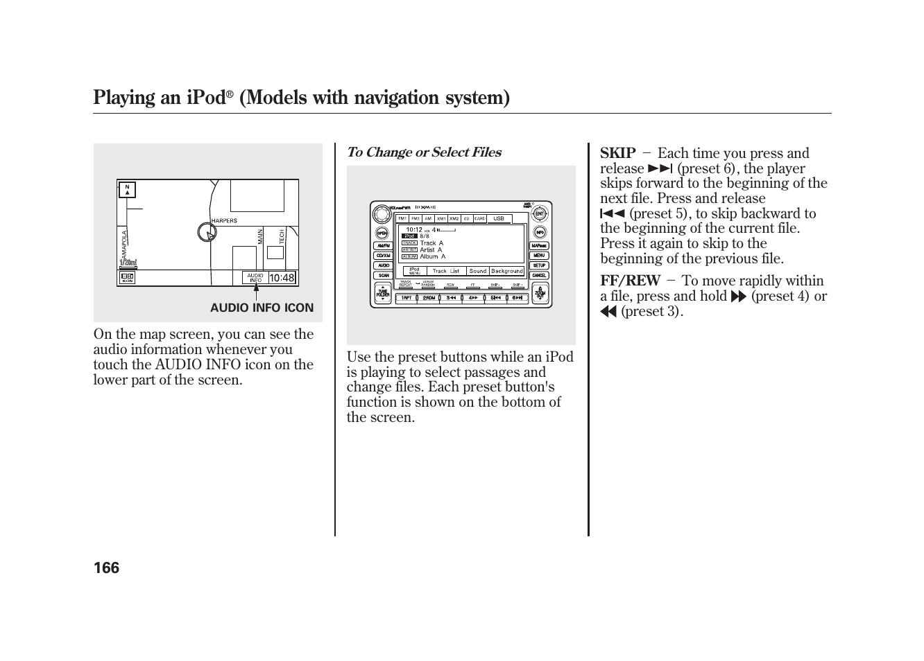 Playing an ipod, Models with navigation system) | HONDA 2009 Element User Manual | Page 172 / 346