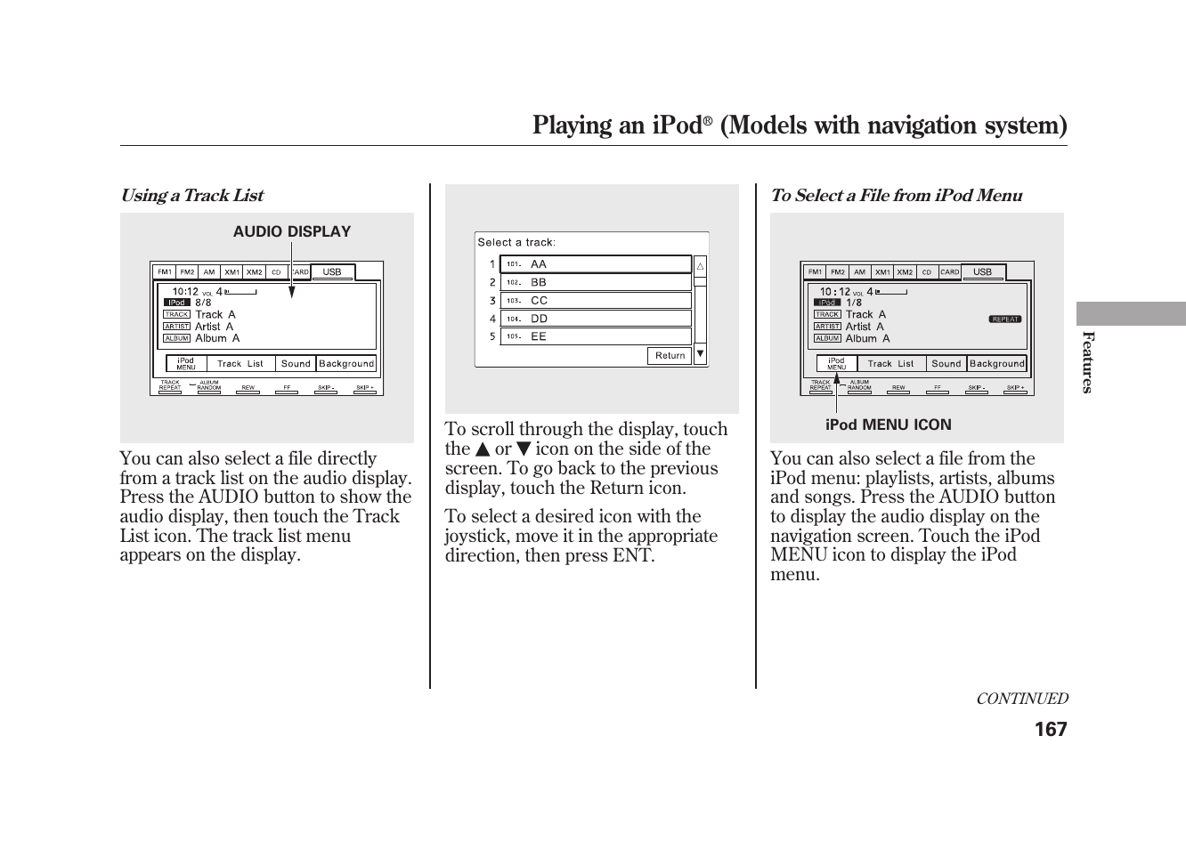 Playing an ipod, Models with navigation system) | HONDA 2009 Element User Manual | Page 173 / 346